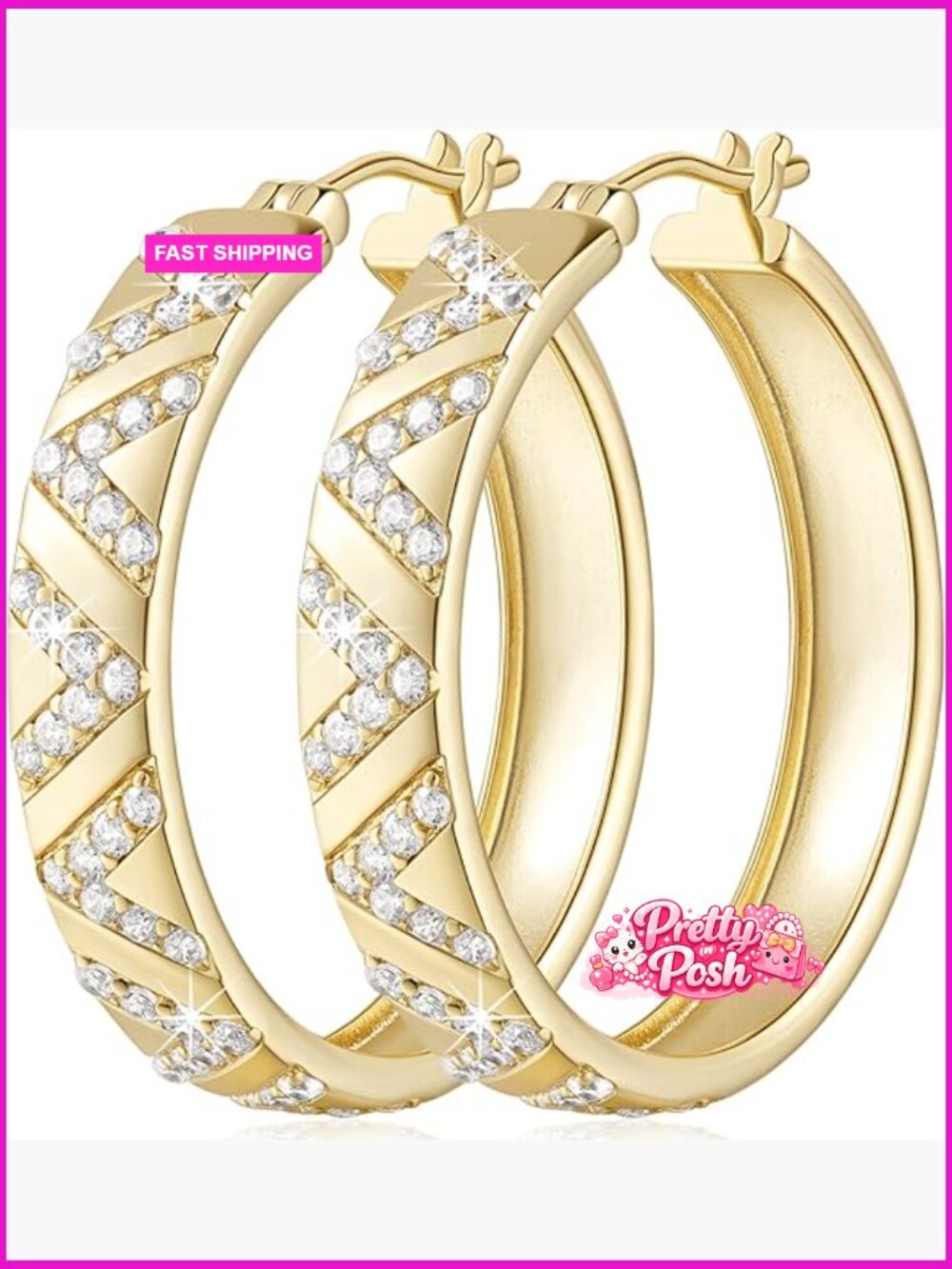 14K Gold Plated Hoop Earrings with Cubic Zirconia V-Shaped Design